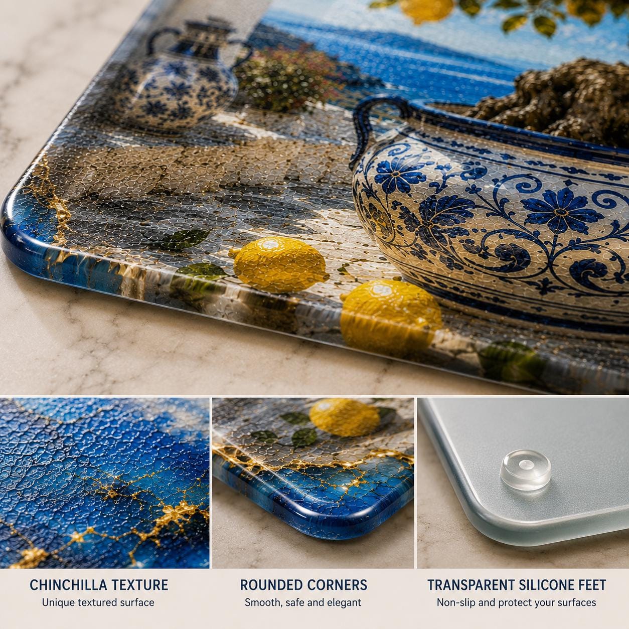 Personalized Lemon Tree Glass Cutting Board, Mediterranean Coastal Kitchen Decor, Custom Name Chopping Board, Housewarming Gift
