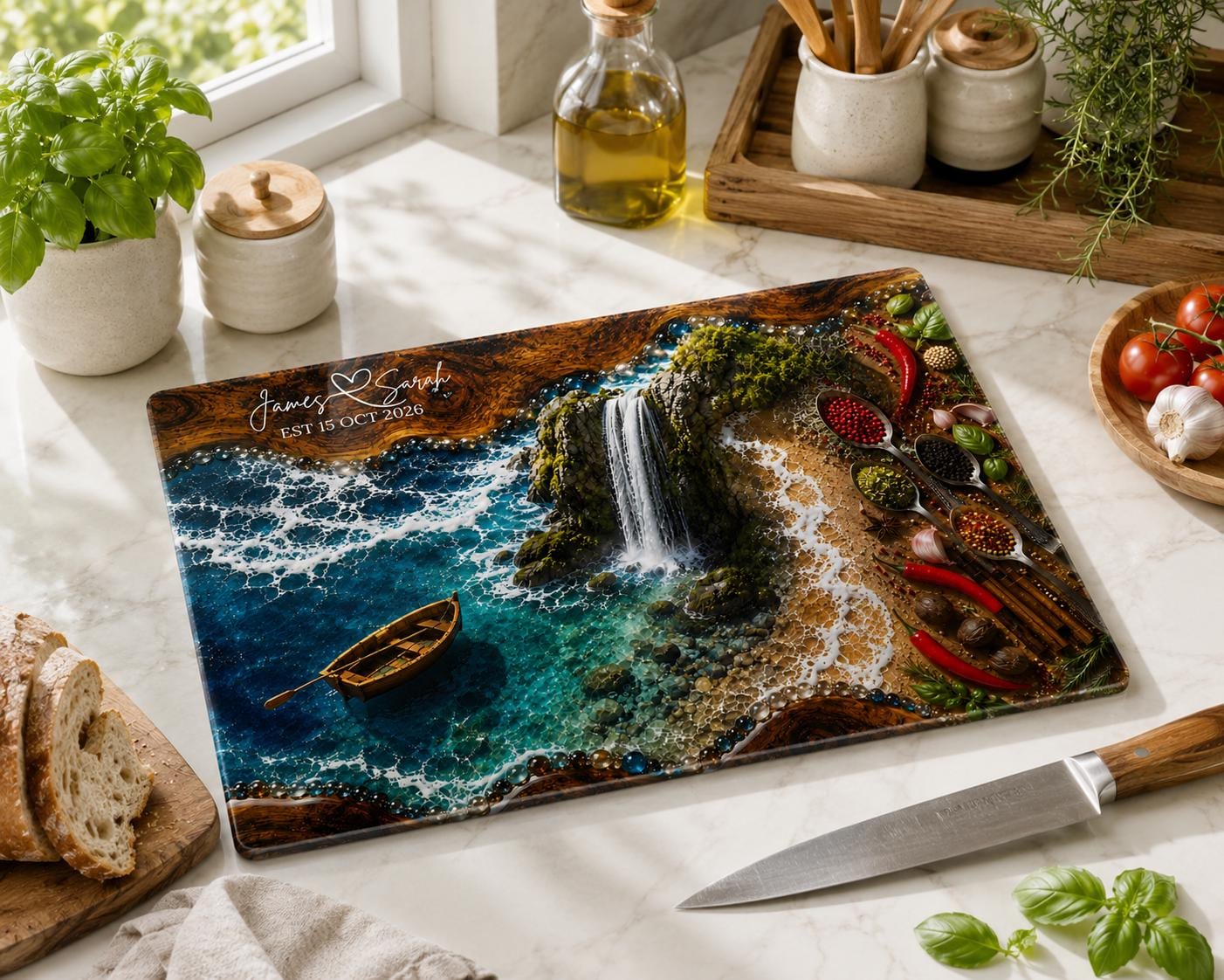 Personalized epoxy resin glass cutting board featuring a turquoise ocean, waterfall, and rustic coastal kitchen artwork.