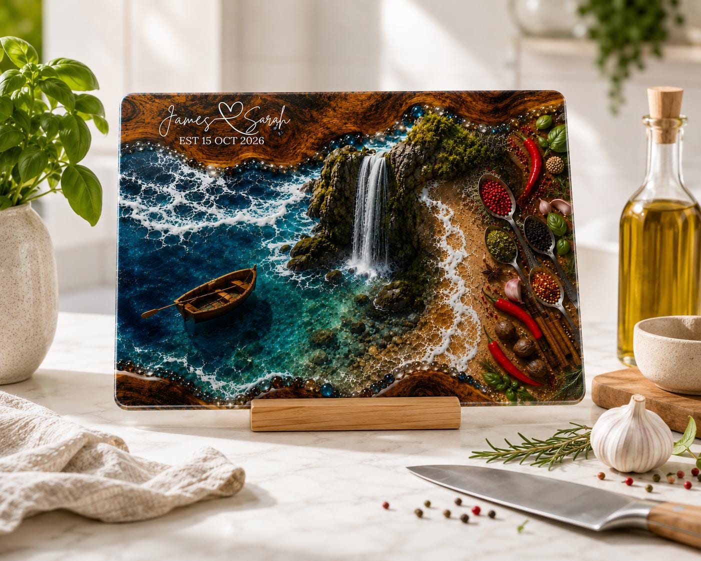 Coastal glass cutting board with optional names and wedding date, inspired by an ocean waterfall and beach landscape.