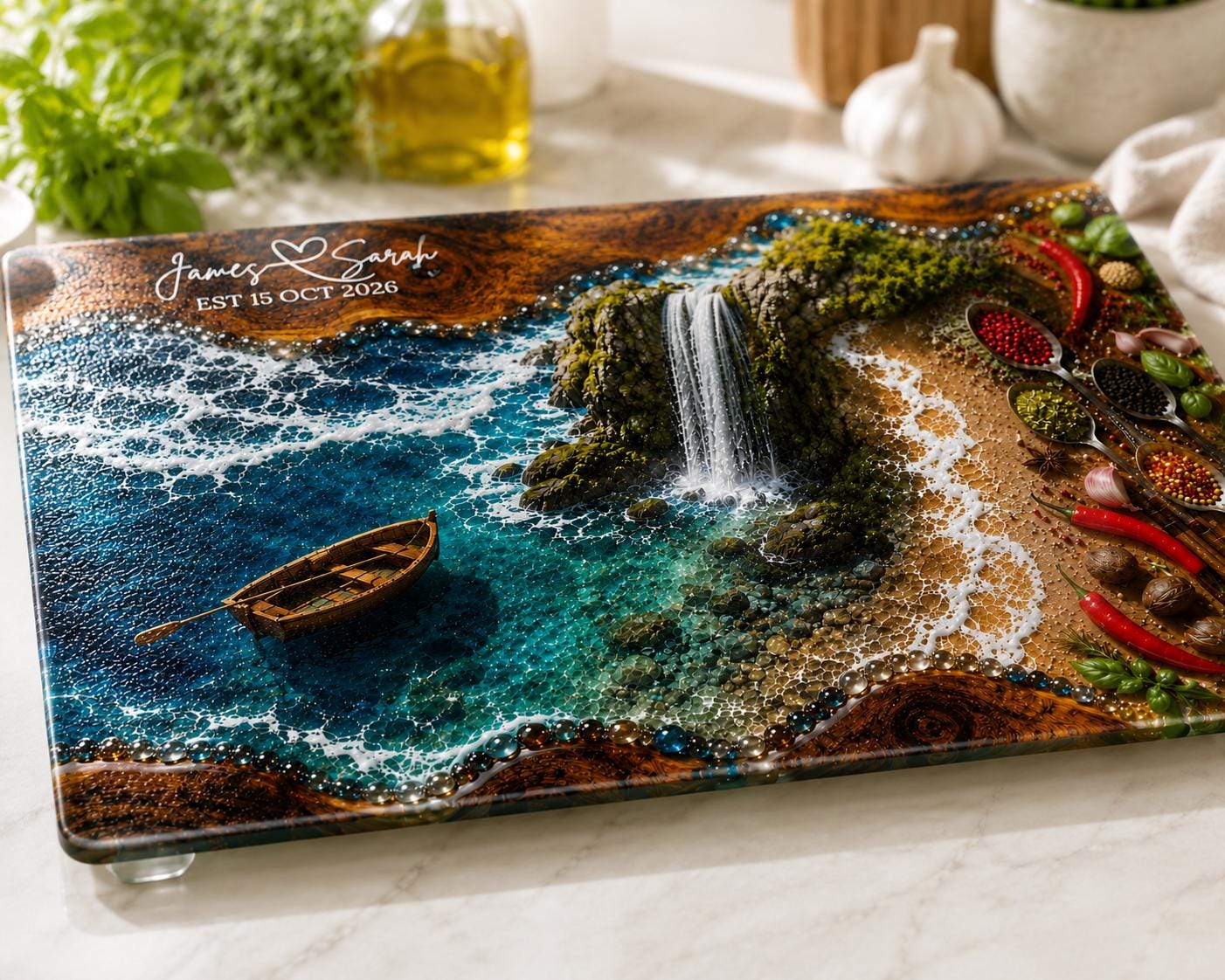 Modern tempered glass cutting board with epoxy resin effect, turquoise sea, waterfall, spices, and wooden textures.