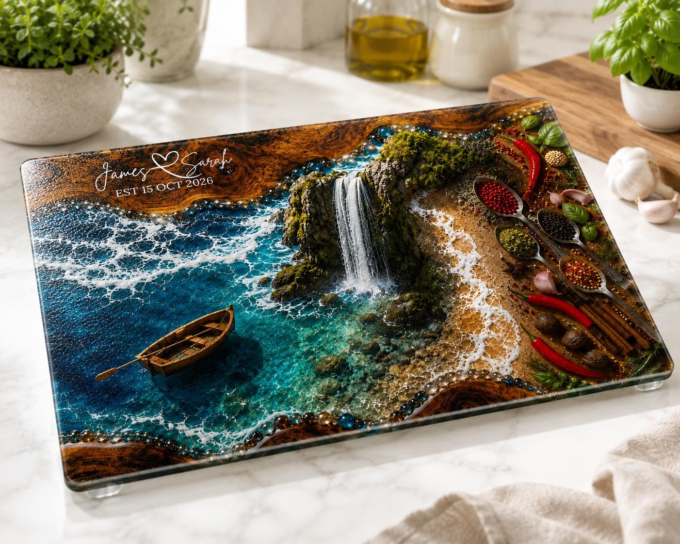 Ocean-inspired kitchen decor featuring a realistic waterfall, crystal-clear shoreline, wooden boat, and optional personalization.