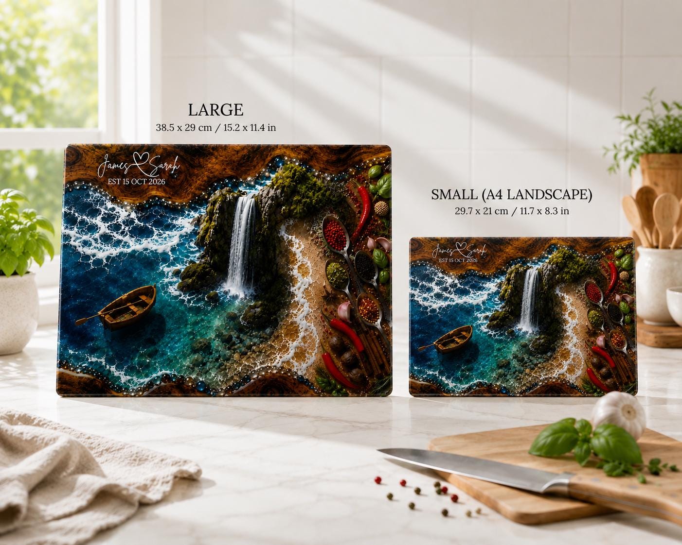 Personalized Epoxy Resin Glass Cutting Board | Coastal Waterfall Ocean Design | Wedding, Anniversary & Housewarming Gift