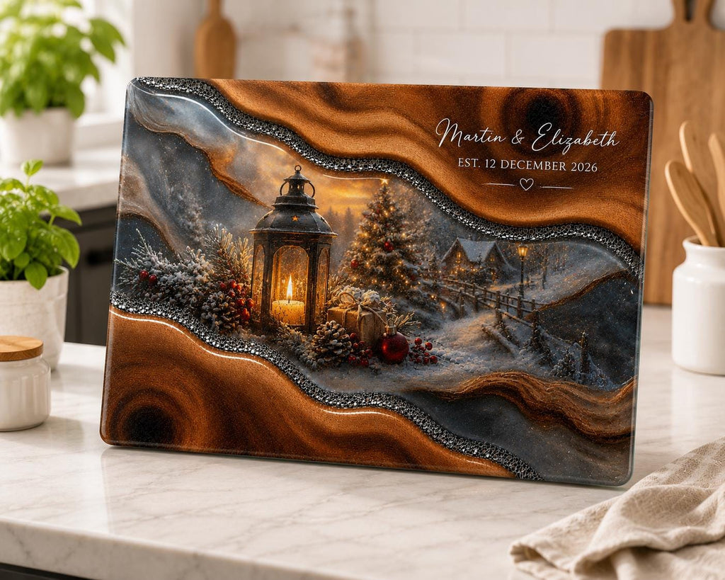 Christmas Cutting Board Personalized, Glass Cutting Board Lantern Winter Village, Custom Name Christmas Gift, Holiday Kitchen Decor