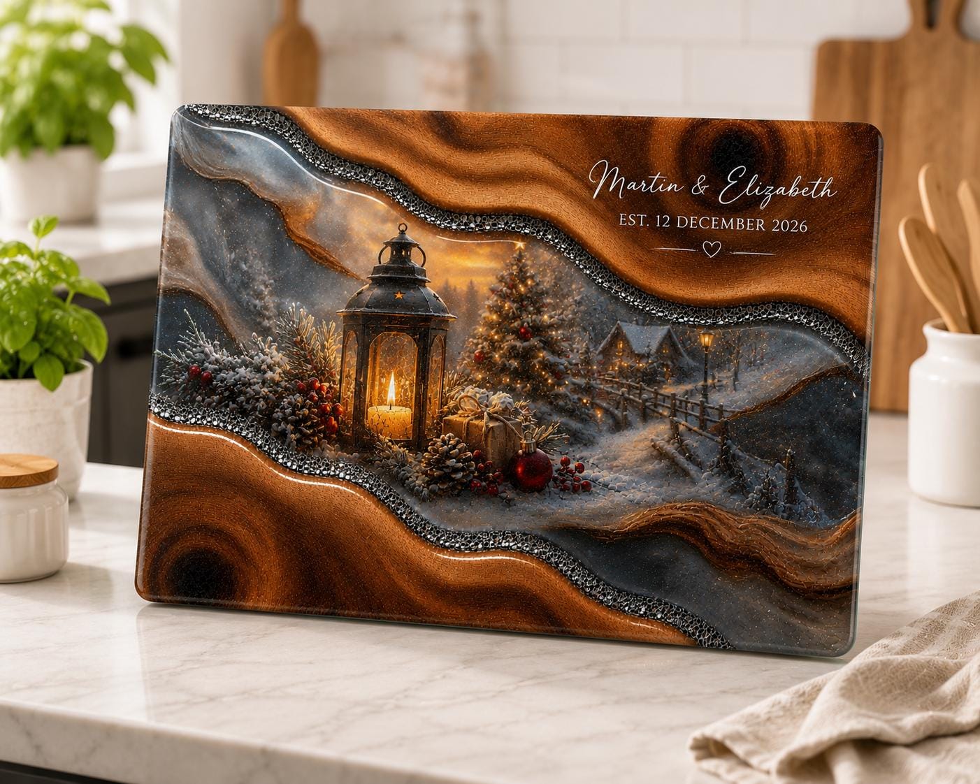 Christmas Cutting Board Personalized, Glass Cutting Board Lantern Winter Village, Custom Name Christmas Gift, Holiday Kitchen Decor