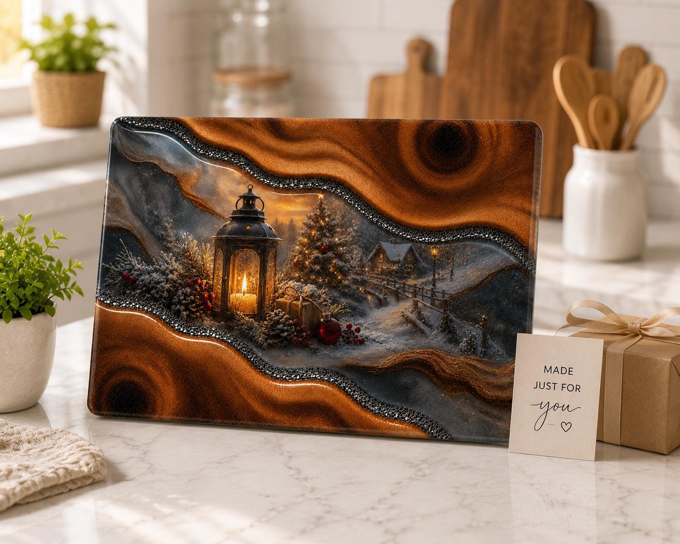 Christmas Cutting Board Personalized, Glass Cutting Board Lantern Winter Village, Custom Name Christmas Gift, Holiday Kitchen Decor