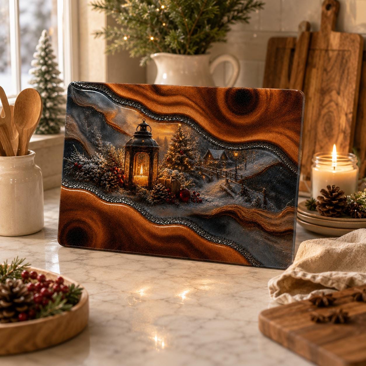 Christmas Cutting Board Personalized, Glass Cutting Board Lantern Winter Village, Custom Name Christmas Gift, Holiday Kitchen Decor