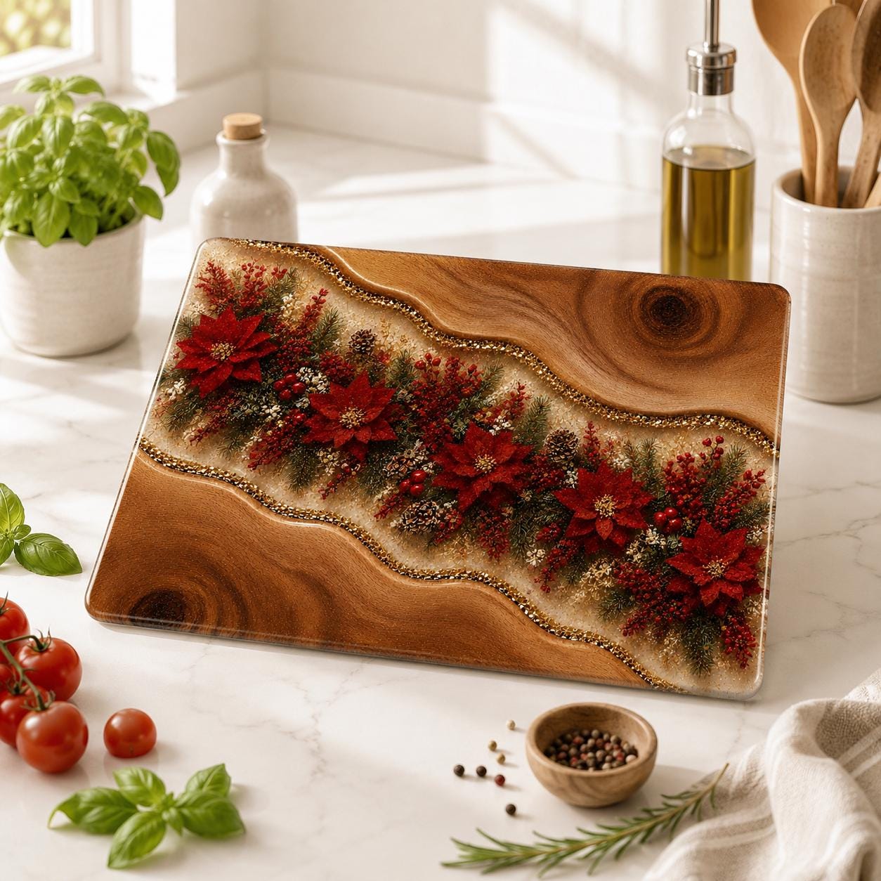 Personalized Christmas Glass Cutting Board | Tempered Glass Poinsettia Kitchen Gift | Holiday Worktop Saver | Rustic Christmas Decor