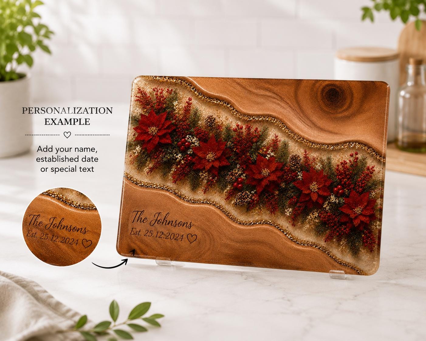 Personalized Christmas Glass Cutting Board | Tempered Glass Poinsettia Kitchen Gift | Holiday Worktop Saver | Rustic Christmas Decor