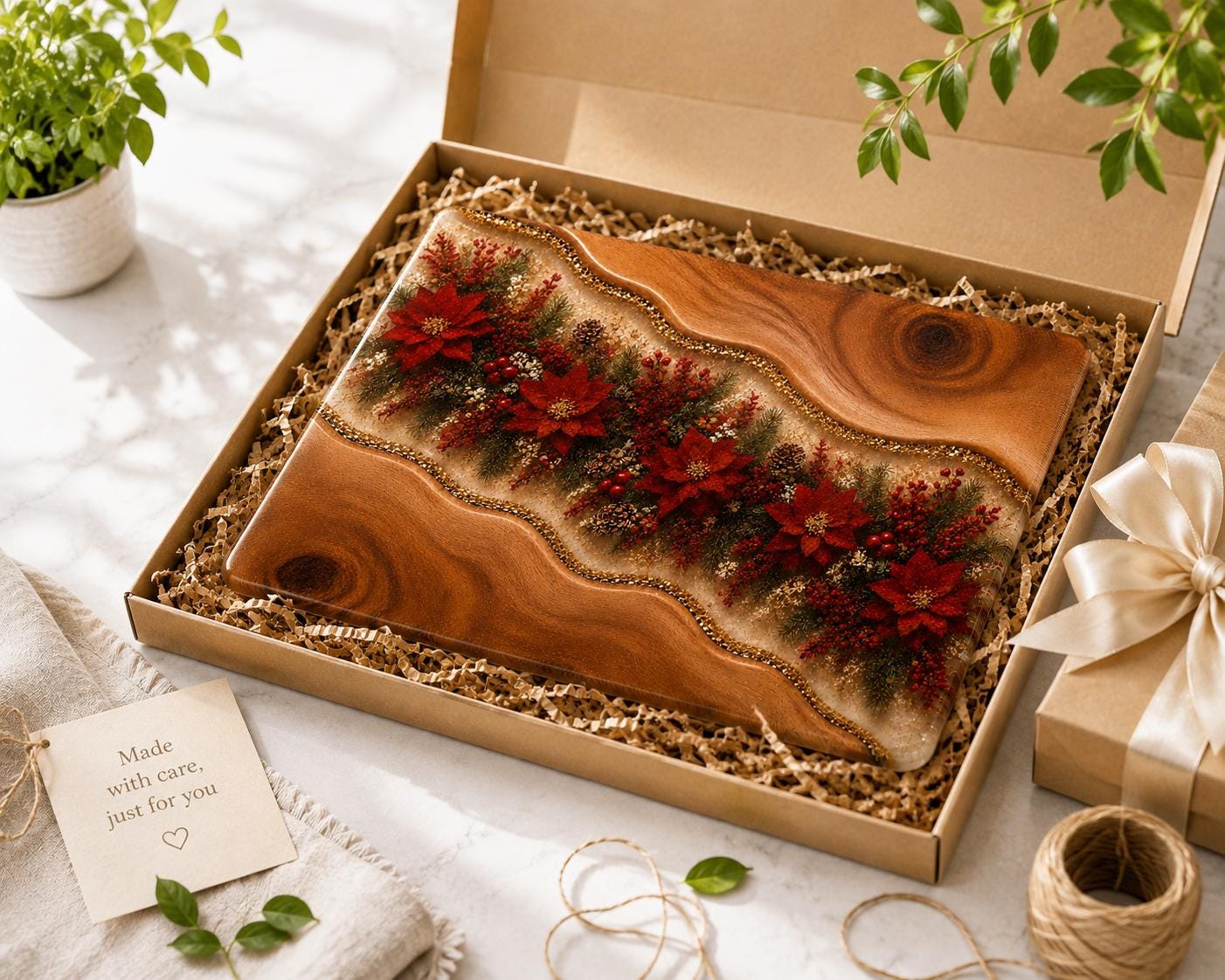 Personalized Christmas Glass Cutting Board | Tempered Glass Poinsettia Kitchen Gift | Holiday Worktop Saver | Rustic Christmas Decor