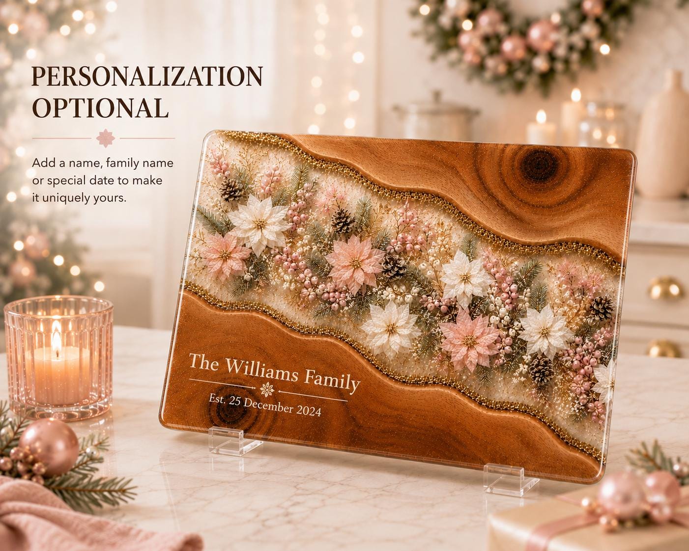 Personalised Christmas Glass Cutting Board, Pink Poinsettia Resin Style, Tempered Glass Worktop Saver, Christmas Kitchen Gift