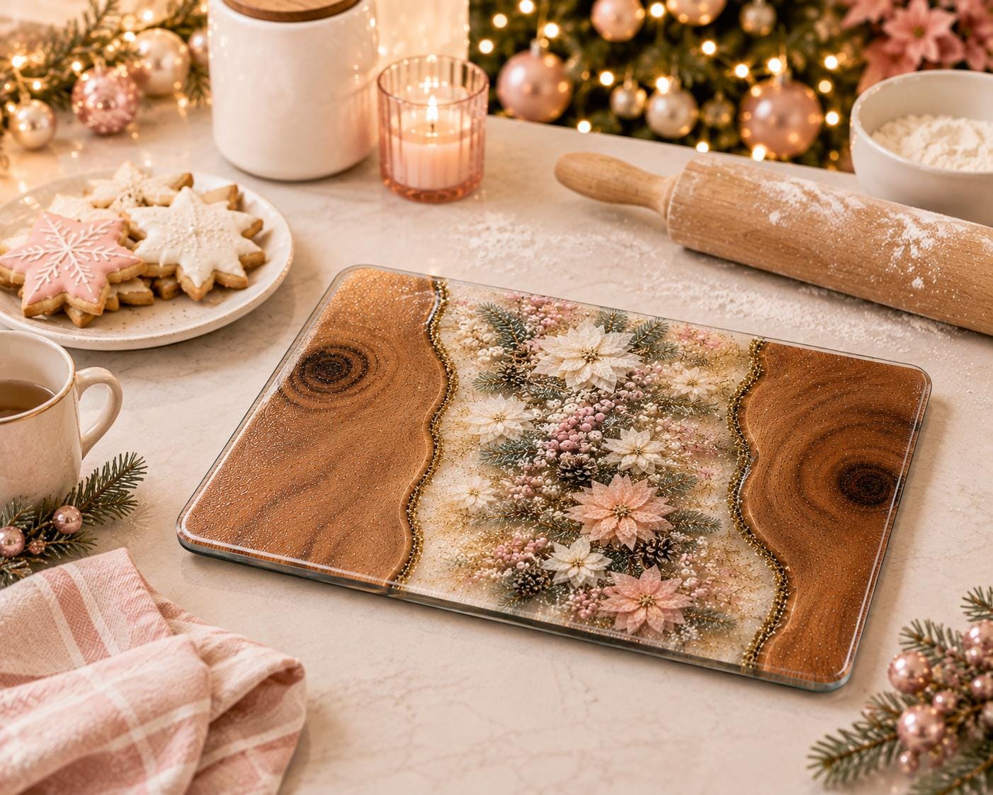 Personalised Christmas Glass Cutting Board, Pink Poinsettia Resin Style, Tempered Glass Worktop Saver, Christmas Kitchen Gift