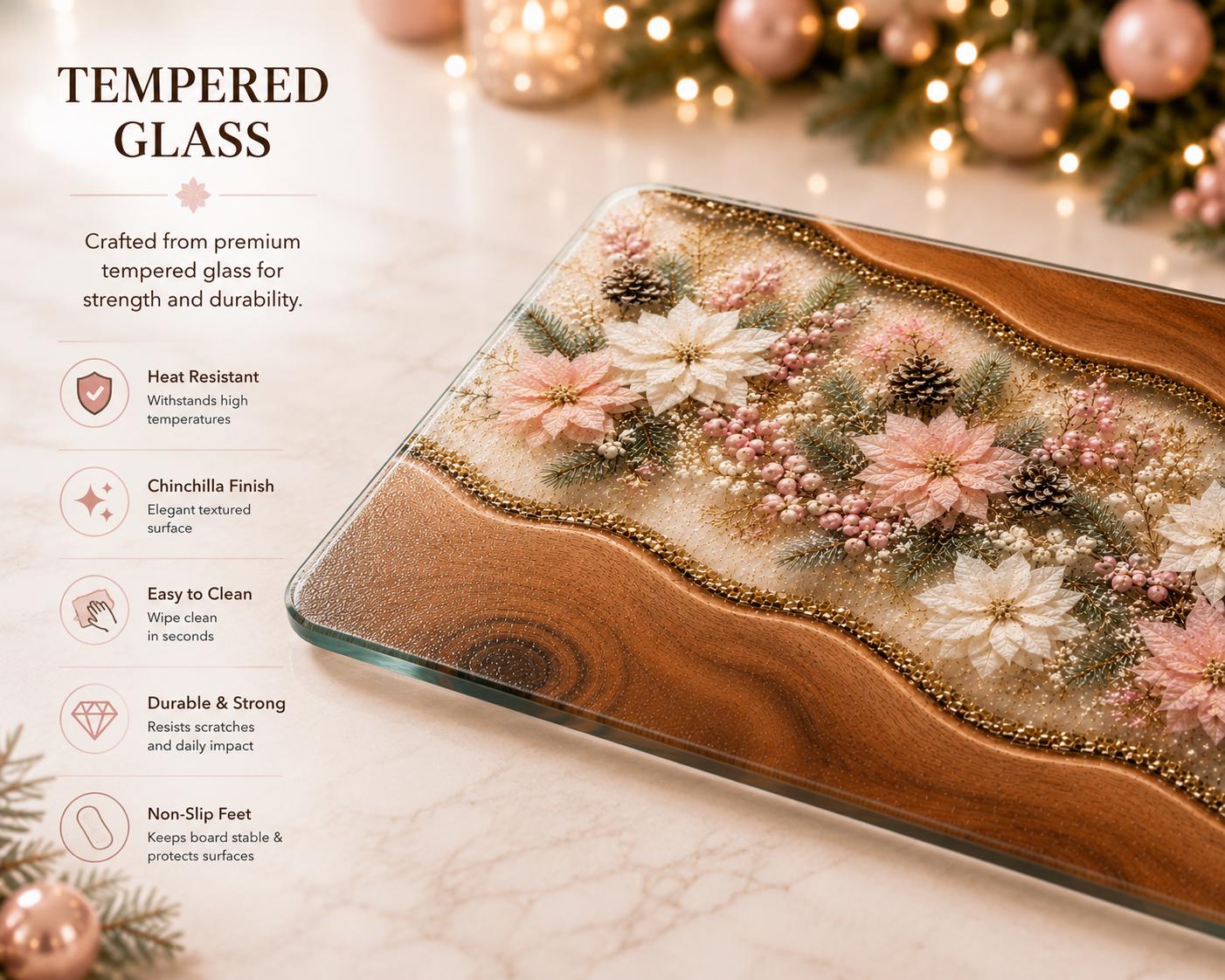 Personalised Christmas Glass Cutting Board, Pink Poinsettia Resin Style, Tempered Glass Worktop Saver, Christmas Kitchen Gift