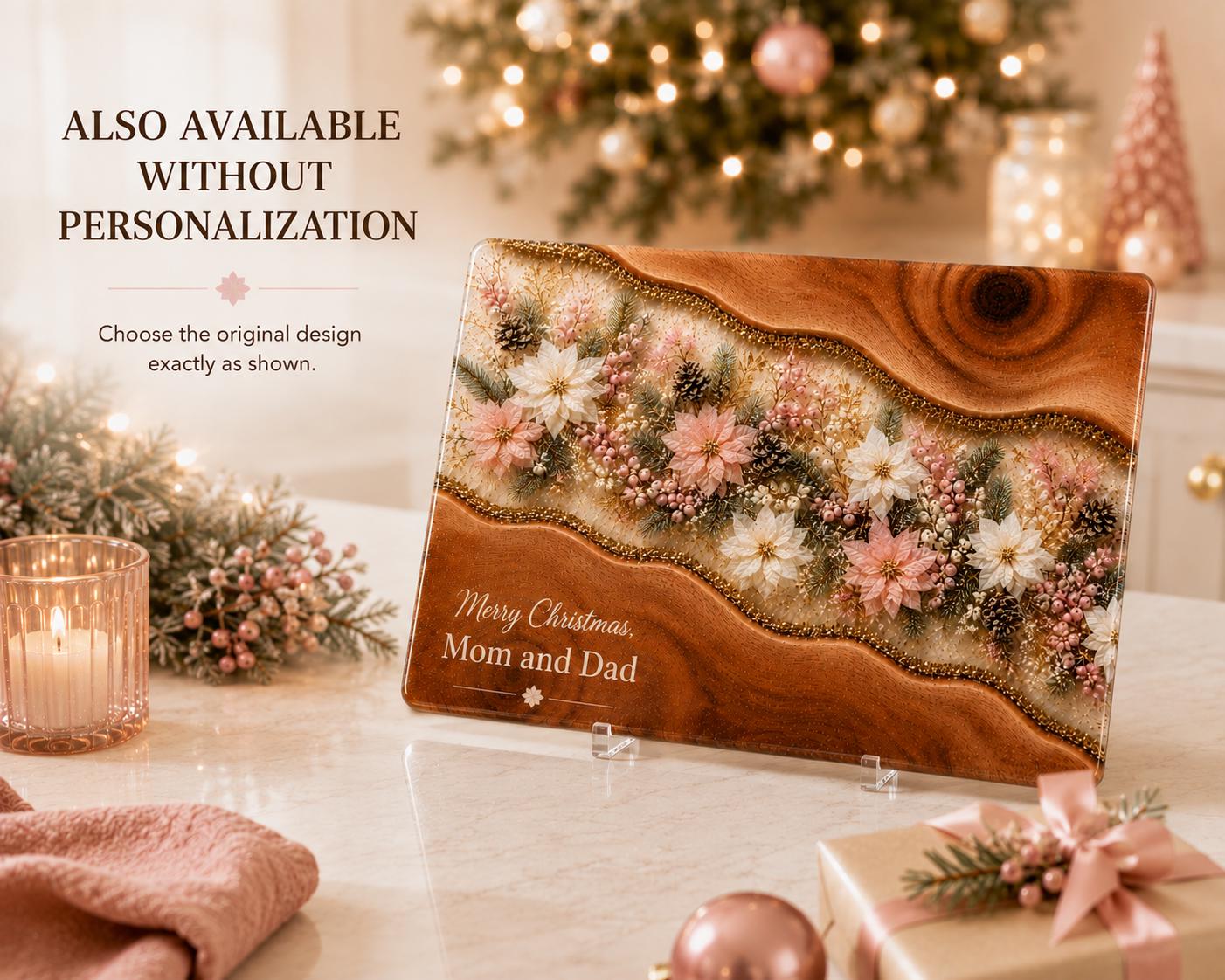 Personalised Christmas Glass Cutting Board, Pink Poinsettia Resin Style, Tempered Glass Worktop Saver, Christmas Kitchen Gift