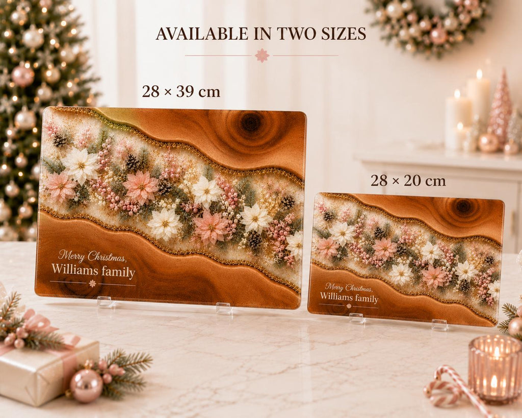 Personalised Christmas Glass Cutting Board, Pink Poinsettia Resin Style, Tempered Glass Worktop Saver, Christmas Kitchen Gift