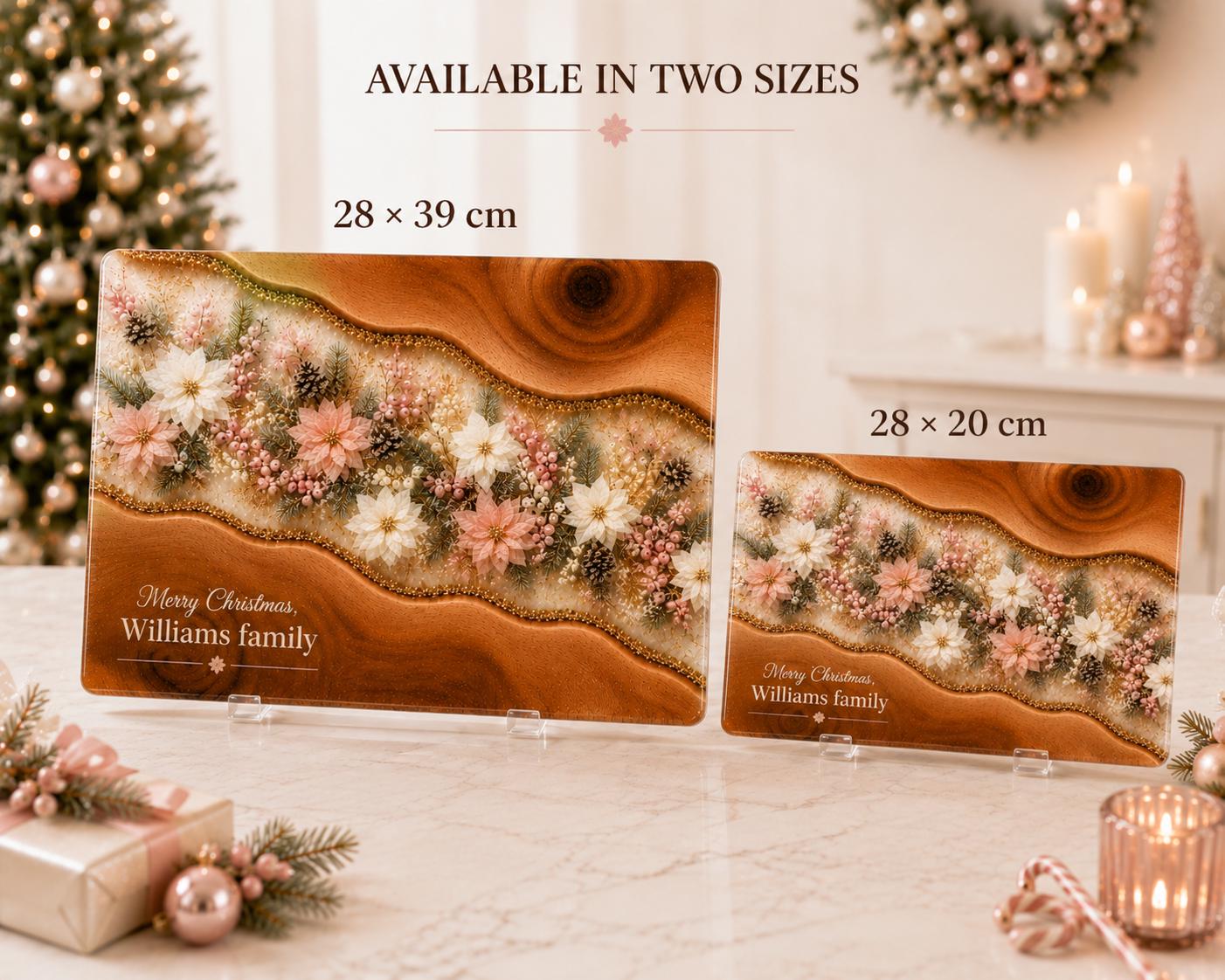 Personalised Christmas Glass Cutting Board, Pink Poinsettia Resin Style, Tempered Glass Worktop Saver, Christmas Kitchen Gift