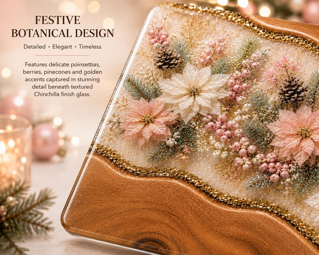 Personalised Christmas Glass Cutting Board, Pink Poinsettia Resin Style, Tempered Glass Worktop Saver, Christmas Kitchen Gift