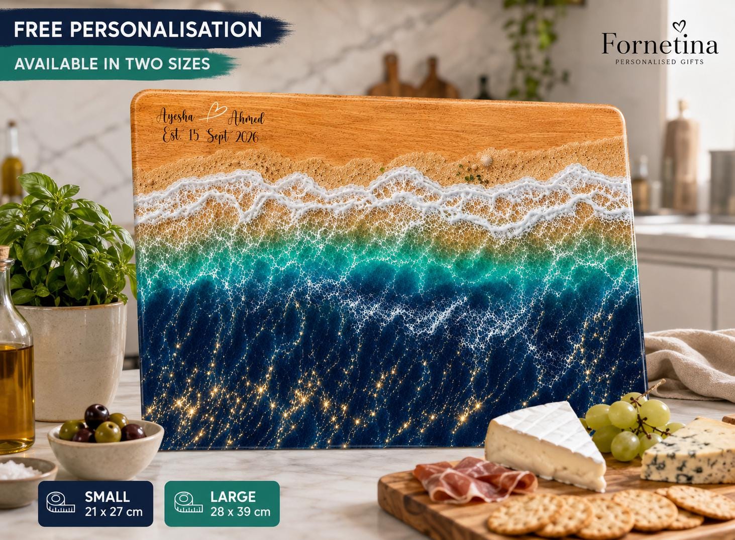 Personalised Tempered Glass Chopping Board, Resin Effect Ocean Beach Design, Coastal Wedding Anniversary Gift