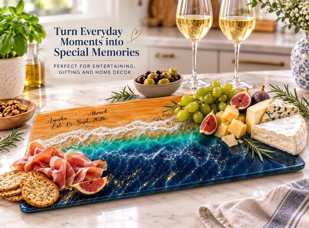 Personalised Tempered Glass Chopping Board, Resin Effect Ocean Beach Design, Coastal Wedding Anniversary Gift