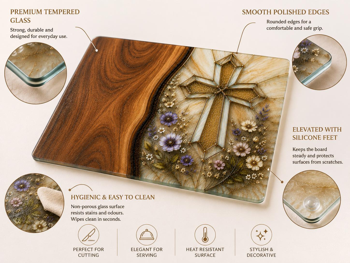 Personalised Christian Housewarming Gift, Glass Chopping Board with Family Blessing, Floral Cross Worktop Saver, New Home Gift
