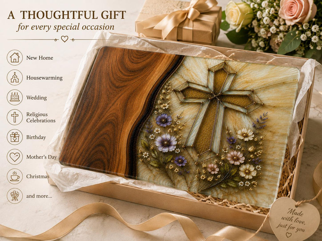 Personalised Christian Housewarming Gift, Glass Chopping Board with Family Blessing, Floral Cross Worktop Saver, New Home Gift