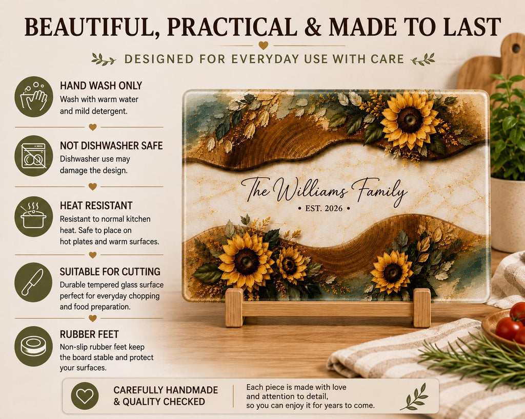 Personalised Sunflower Glass Chopping Board, Custom Family Name Cutting Board, New Home Housewarming Gift