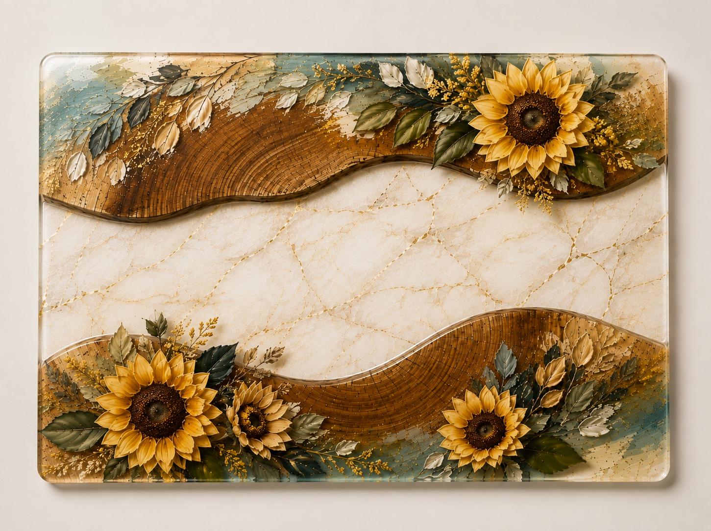 Rectangular 28 x 39 cm tempered glass chopping board with sunflower, wood effect and cream marble style design.