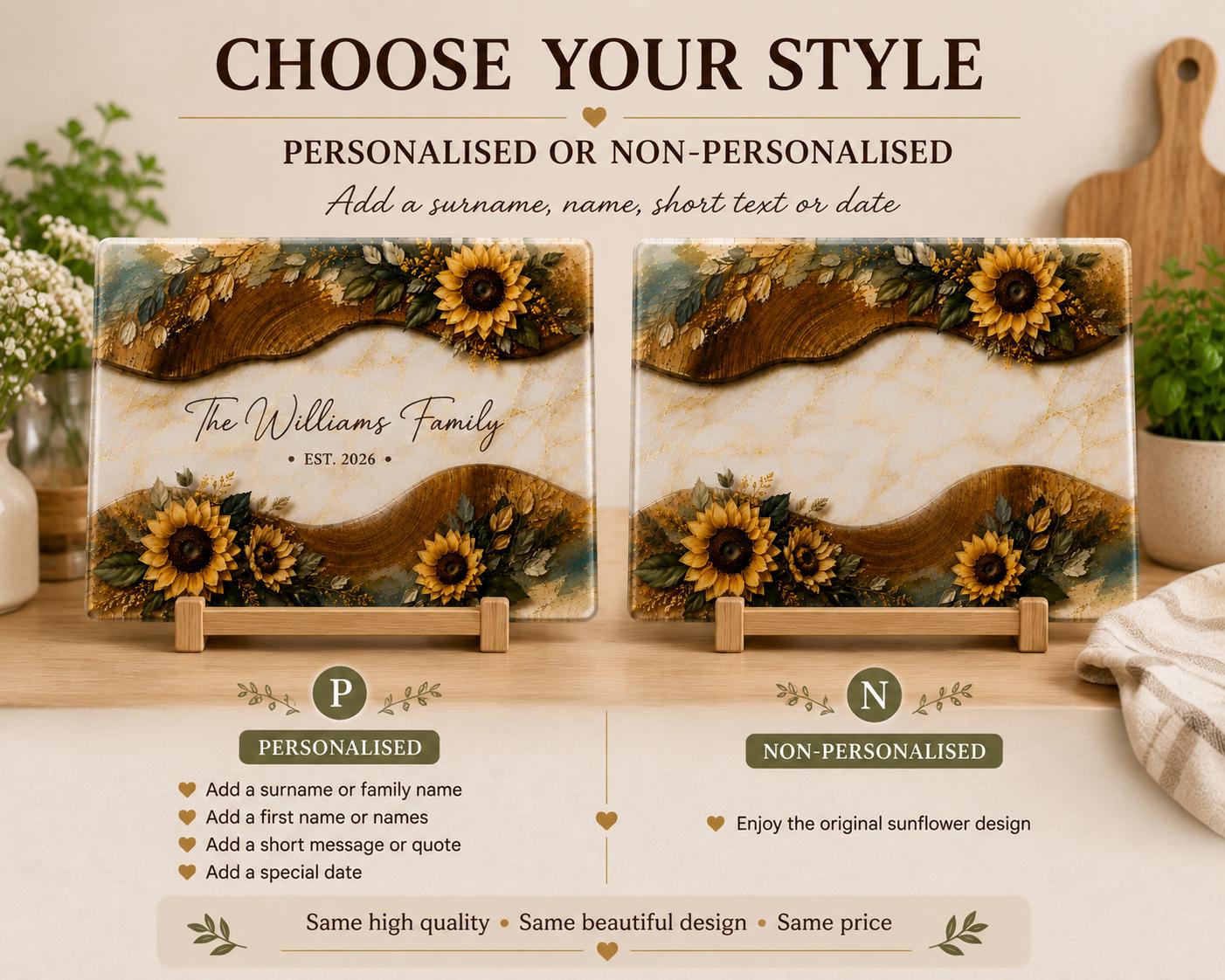 Two sunflower glass chopping boards showing personalised family name option and original non-personalised design.