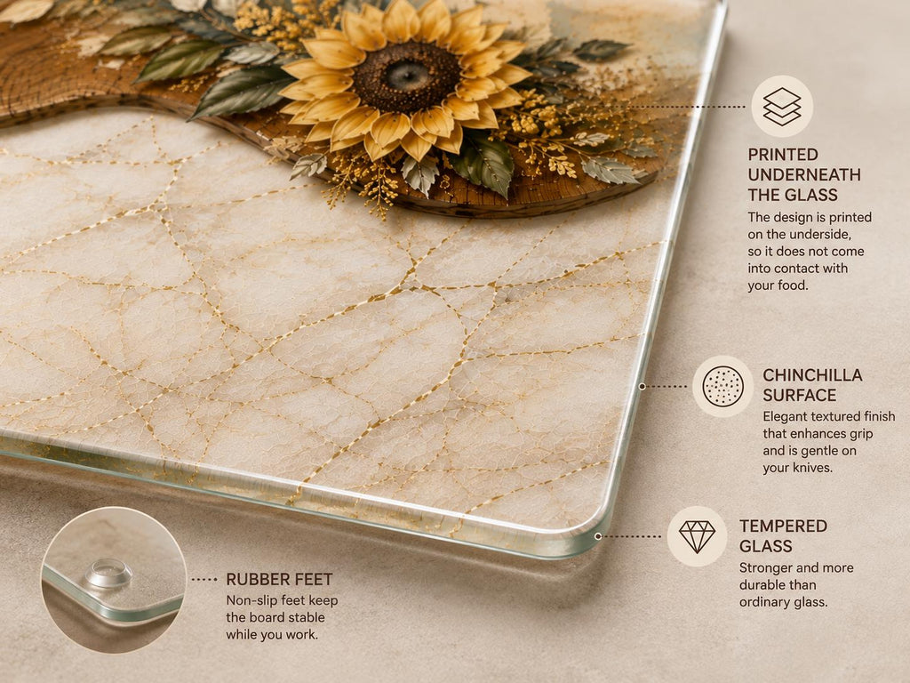 Close-up of textured chinchilla glass surface with sunflower artwork printed underneath the glass.
