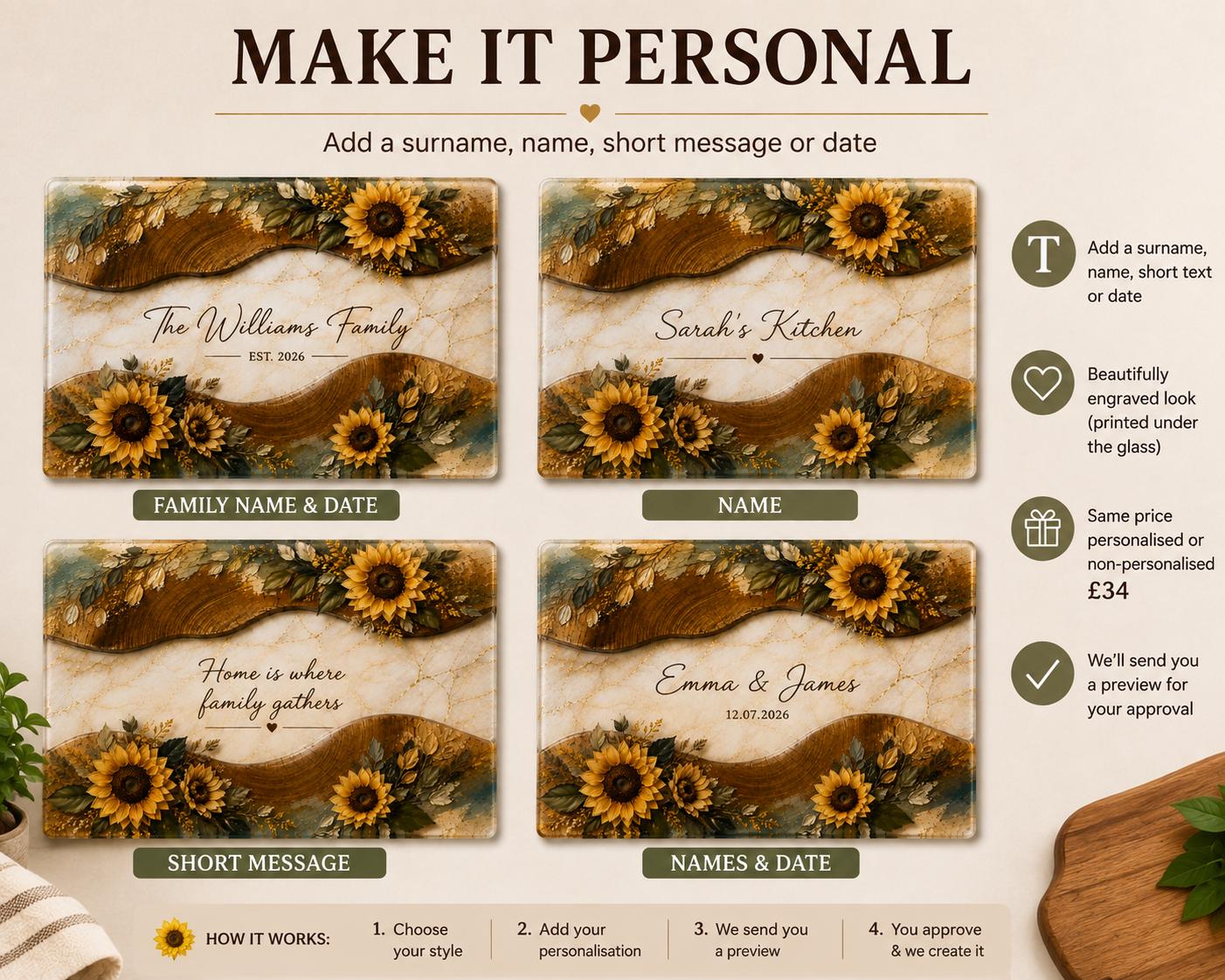 Personalised sunflower chopping board showing custom surname, first name, short message and date options.