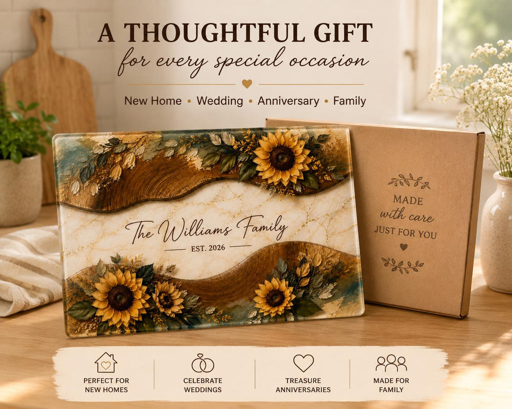 Personalised Sunflower Glass Chopping Board, Custom Family Name Cutting Board, New Home Housewarming Gift
