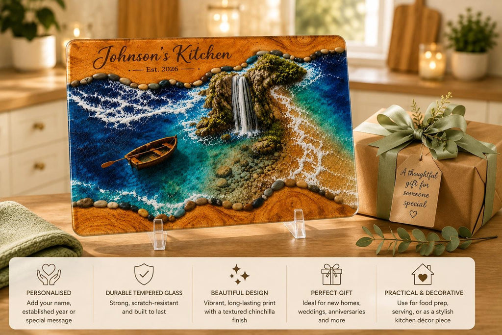 Personalized Coastal Waterfall Tempered Glass Cutting Board, Ocean Design