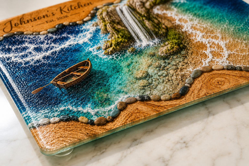 Personalized Coastal Waterfall Tempered Glass Cutting Board, Ocean Design