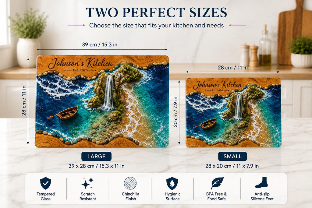 Personalized Coastal Waterfall Tempered Glass Cutting Board, Ocean Design