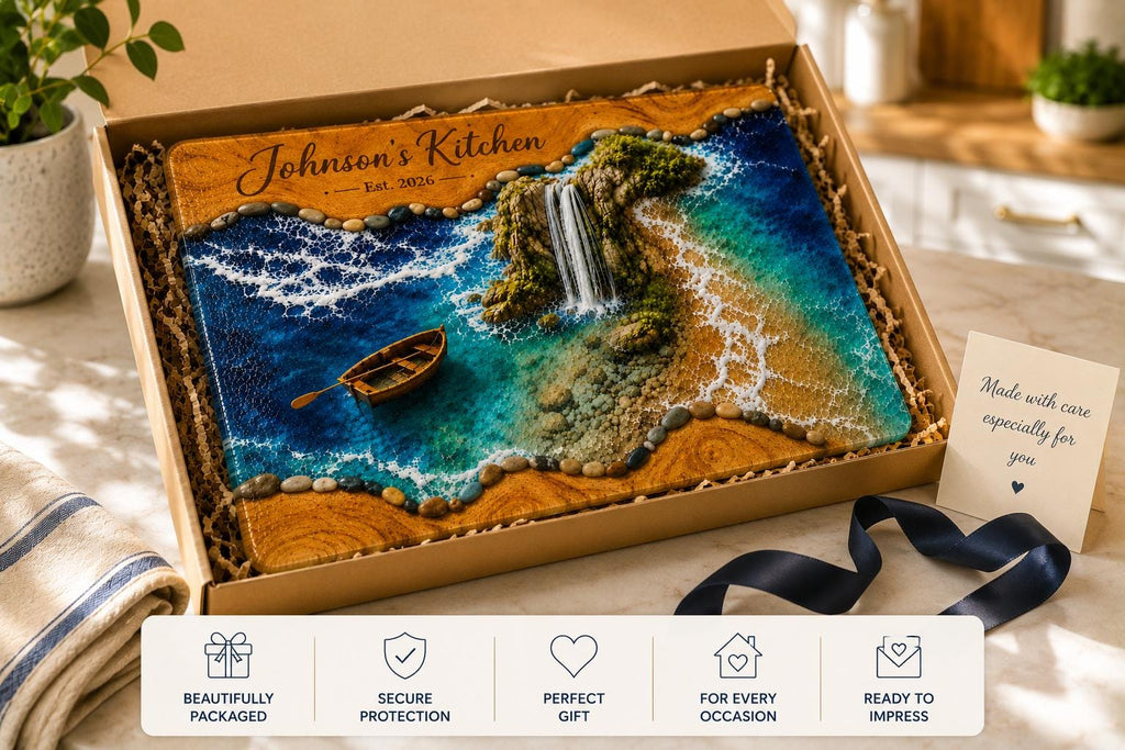 Personalized Coastal Waterfall Tempered Glass Cutting Board, Ocean Design