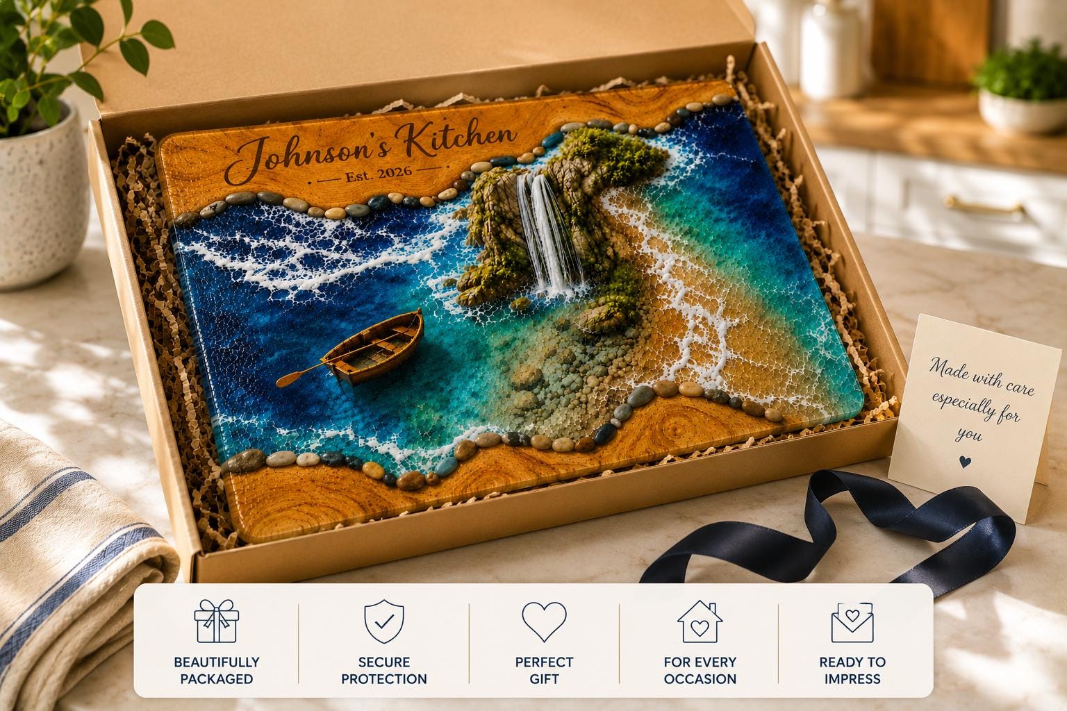 Personalized Coastal Waterfall Tempered Glass Cutting Board, Ocean Design