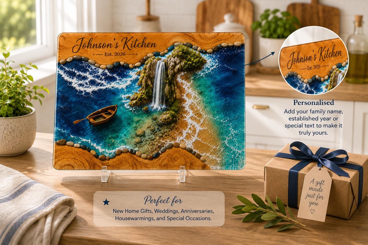 Personalized Coastal Waterfall Tempered Glass Cutting Board, Ocean Design