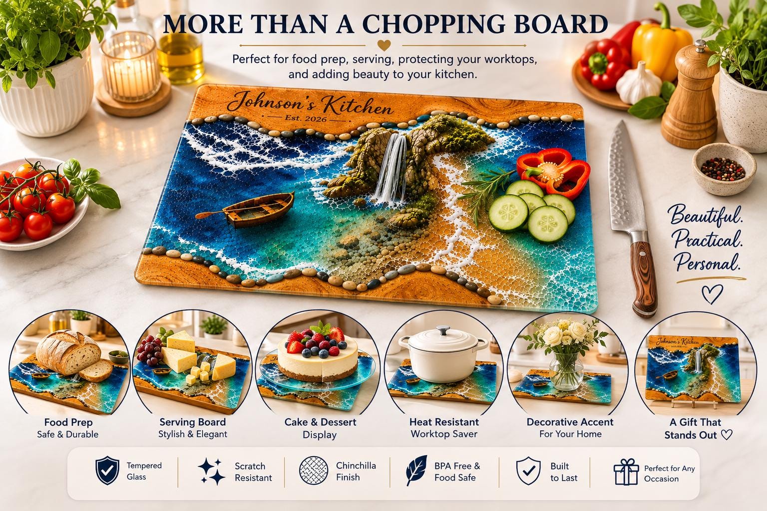Personalized Coastal Waterfall Tempered Glass Cutting Board, Ocean Design