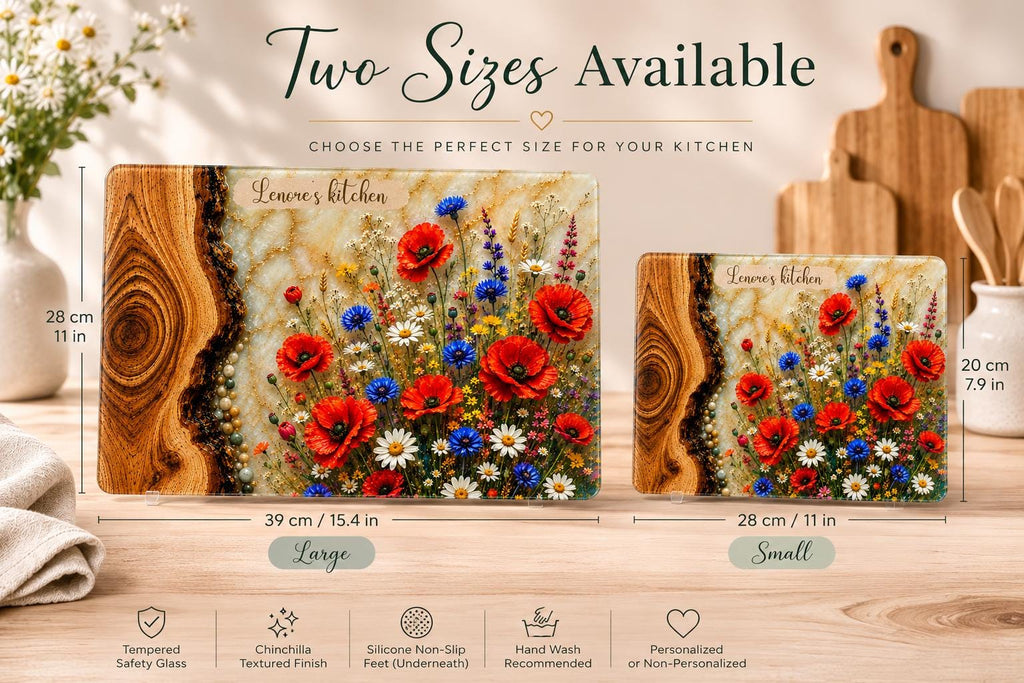 Personalised tempered glass cutting board shown in two sizes, large 39 x 28 cm and small 28 x 20 cm, with wood grain and colourful wildflower epoxy resin effect design, chinchilla textured finish and non-slip silicone feet.