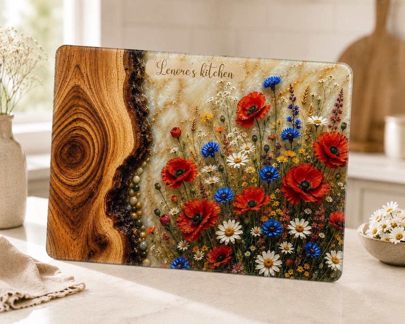 Personalised reinforced glass cutting board with epoxy resin effect, wood grain and wildflower design, featuring red poppies, daisies and blue cornflowers, personalised with "Lenore's kitchen", displayed in a neutral kitchen setting.