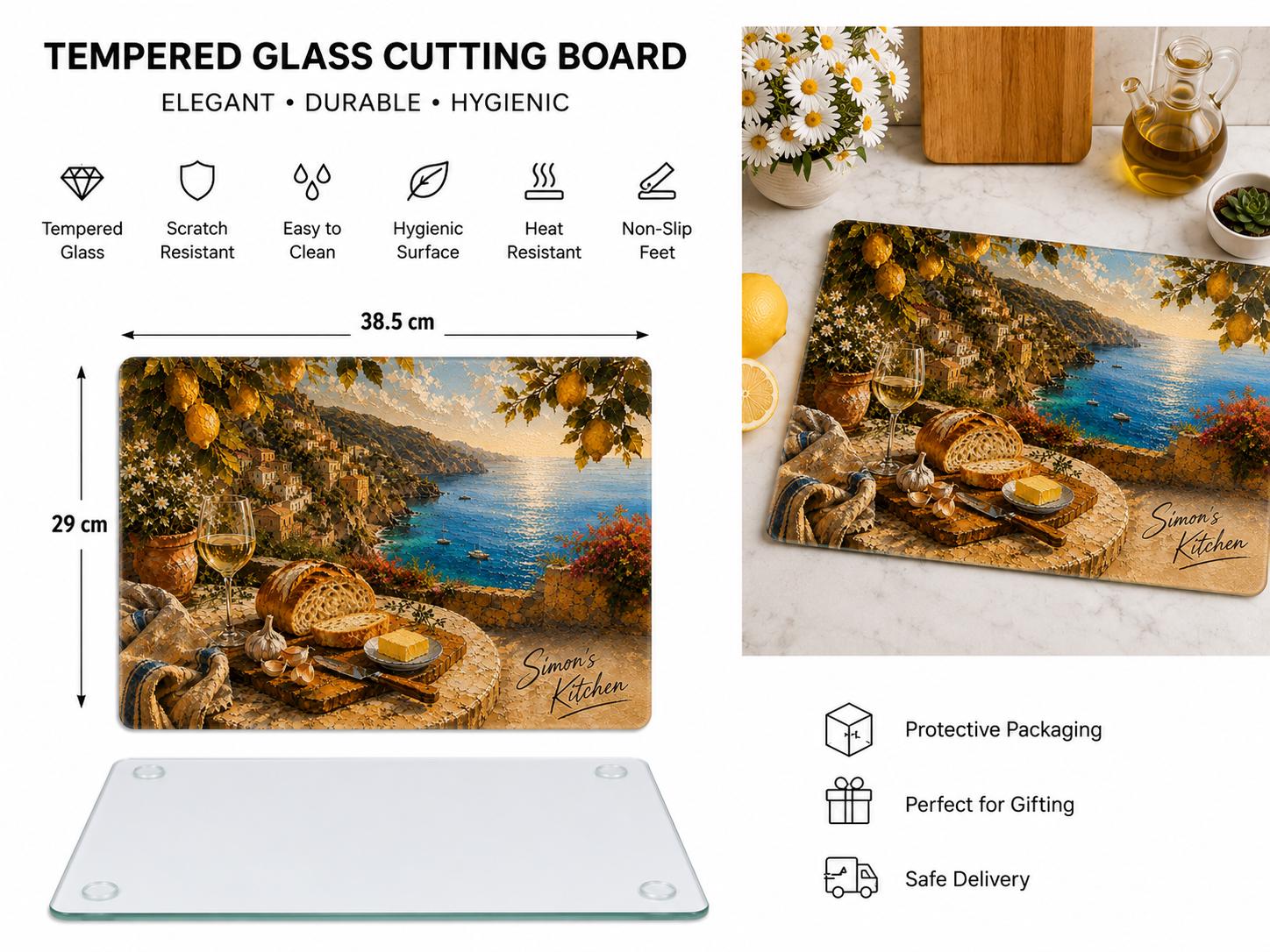 Personalized tempered glass cutting board with Amalfi Coast lemon tree design and custom Simon's Kitchen script name
