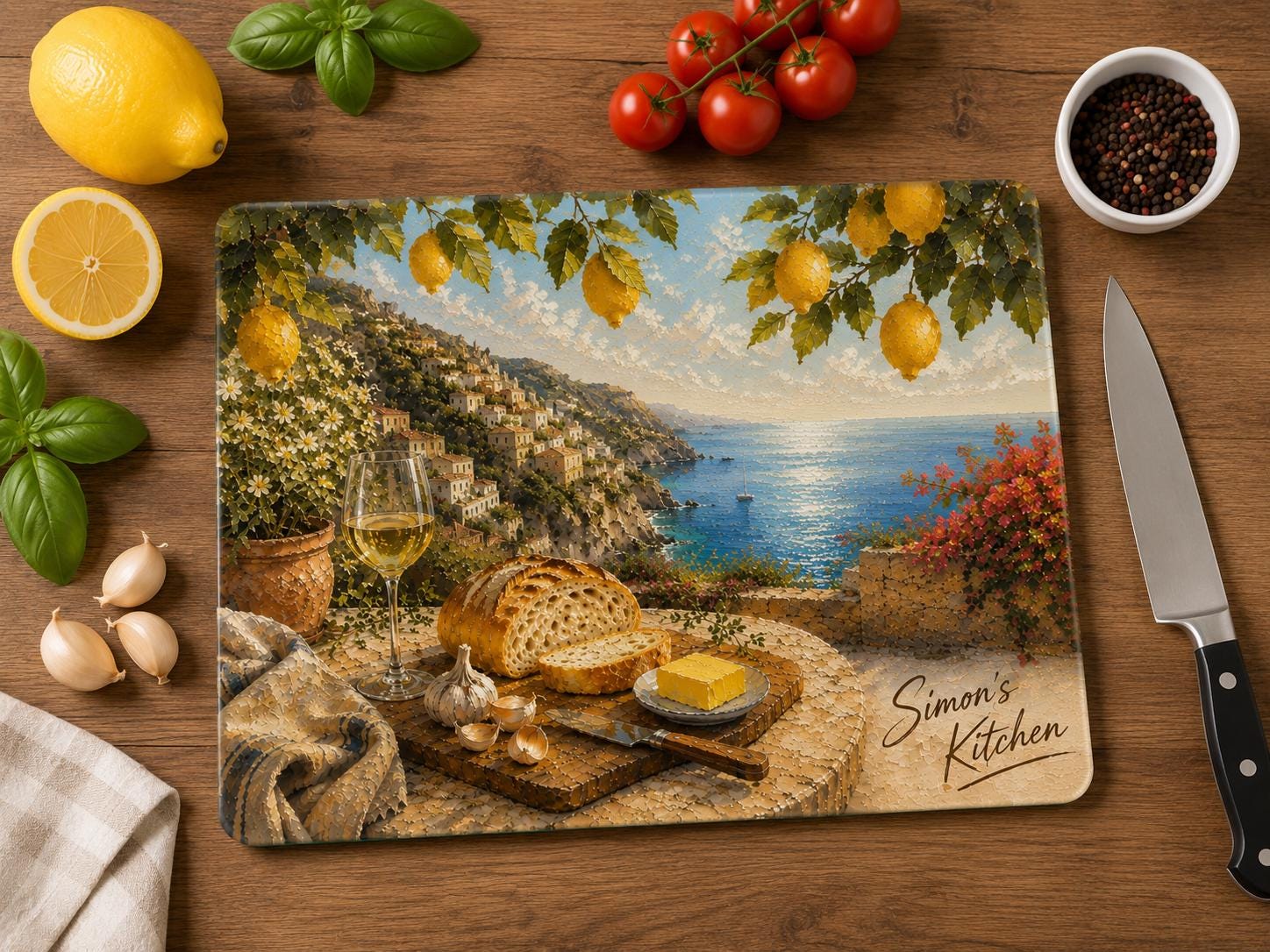 Personalized glass chopping board styled on wooden countertop with tomatoes, basil, and kitchen knife