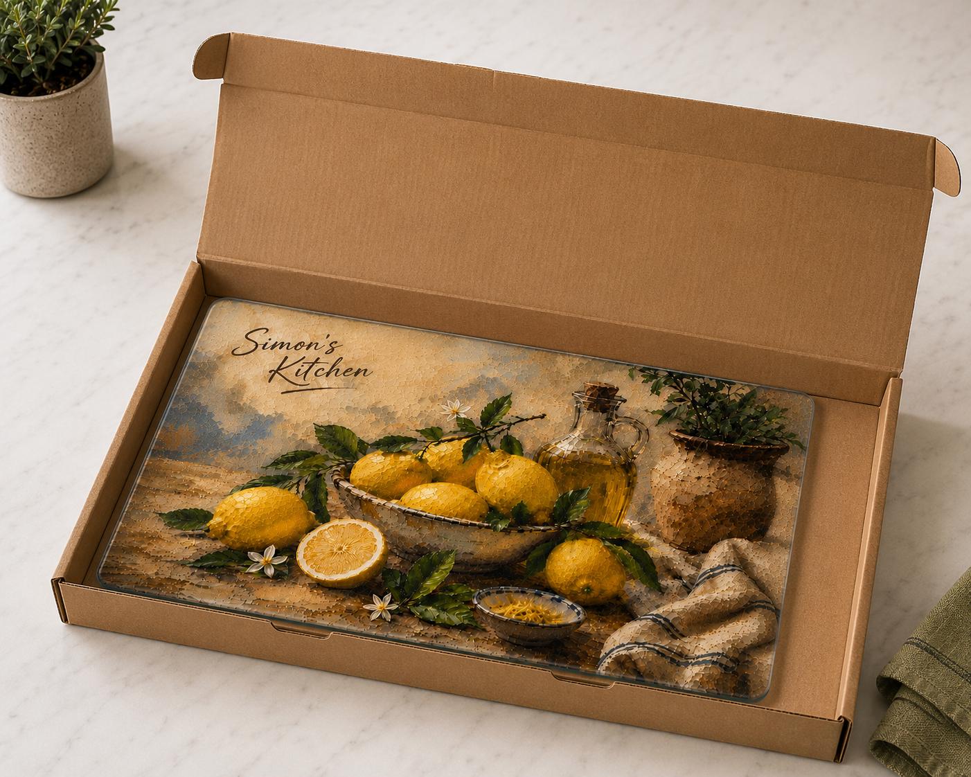 Personalised Amalfi Lemon Tempered Glass Cutting Board, Custom Kitchen Decor