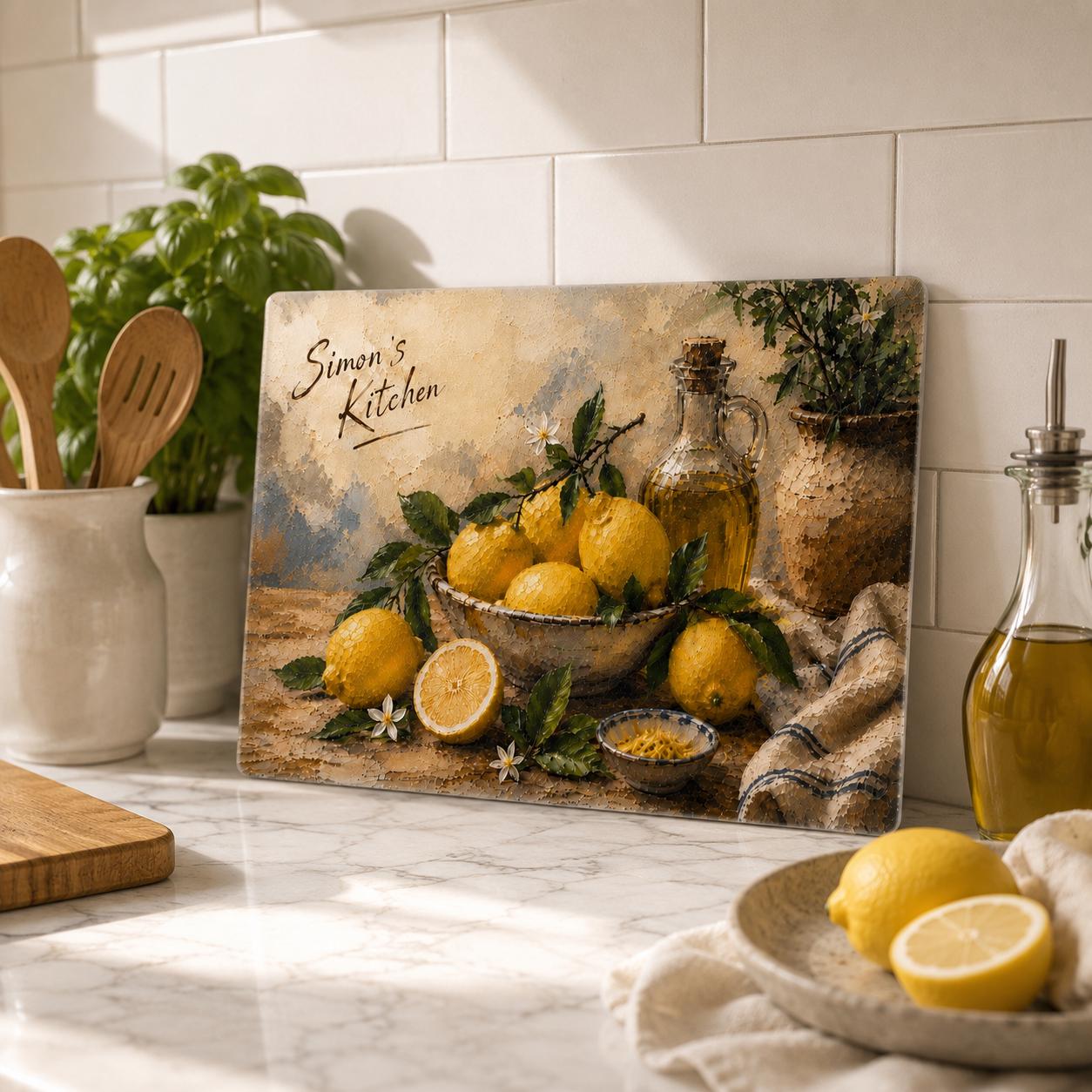Personalised Amalfi Lemon Tempered Glass Cutting Board, Custom Kitchen Decor
