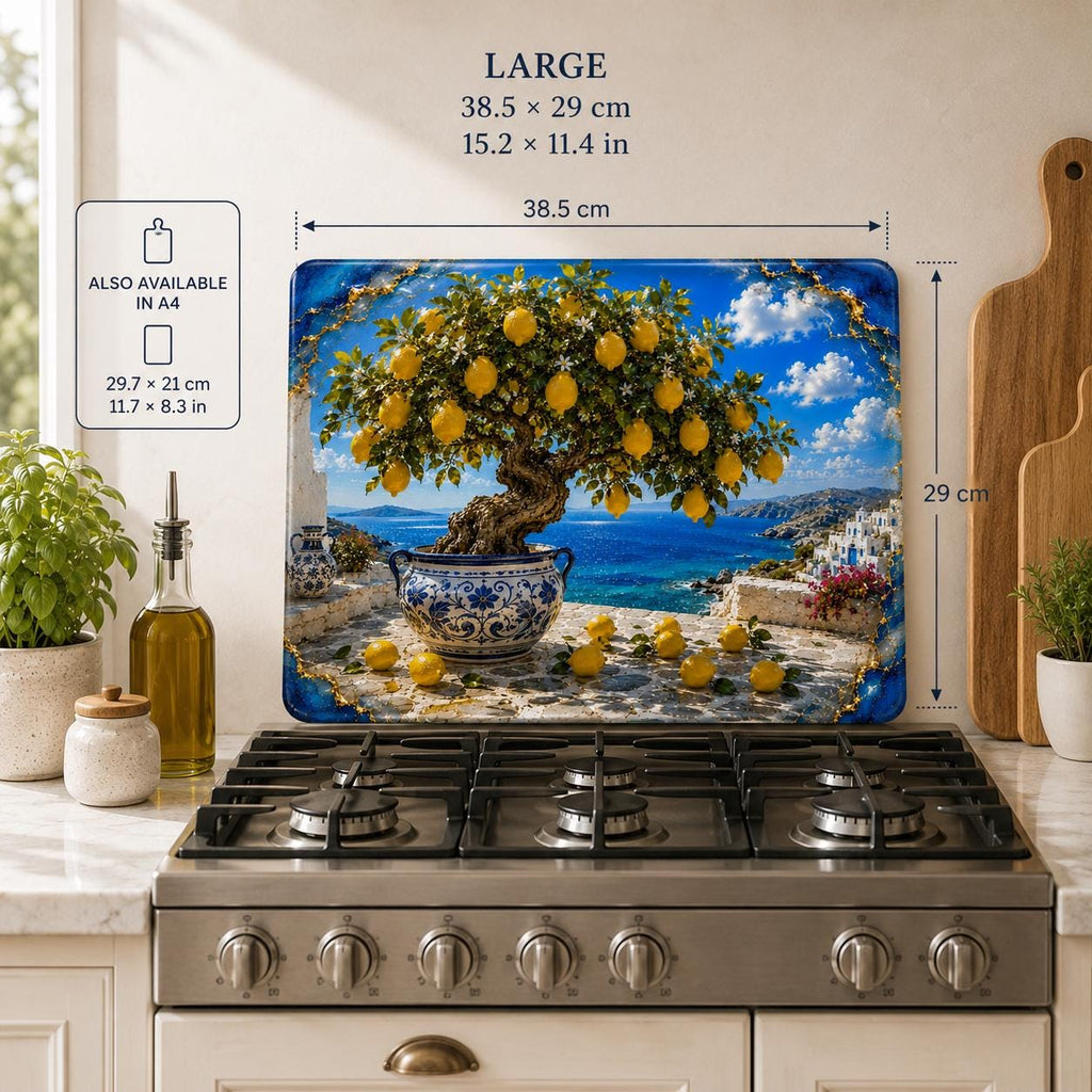 Personalized Lemon Tree Glass Cutting Board, Mediterranean Coastal Kitchen Decor, Custom Name Chopping Board, Housewarming Gift