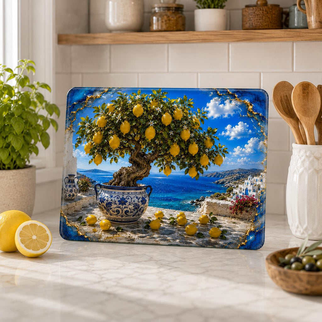 Personalized Lemon Tree Glass Cutting Board, Mediterranean Coastal Kitchen Decor, Custom Name Chopping Board, Housewarming Gift