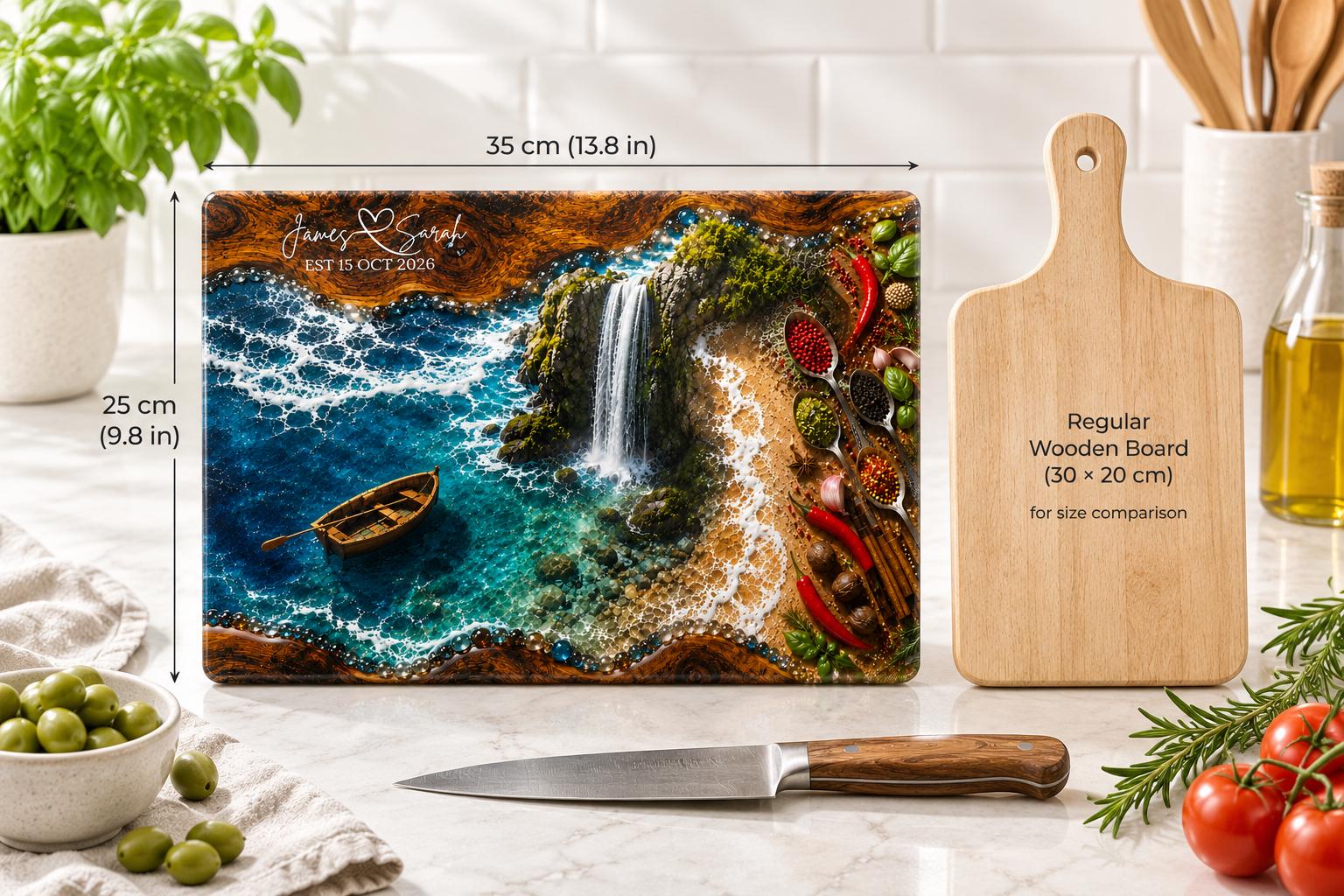 Wedding gift glass cutting board with coastal waterfall artwork for couples, anniversaries, and housewarming celebrations.
