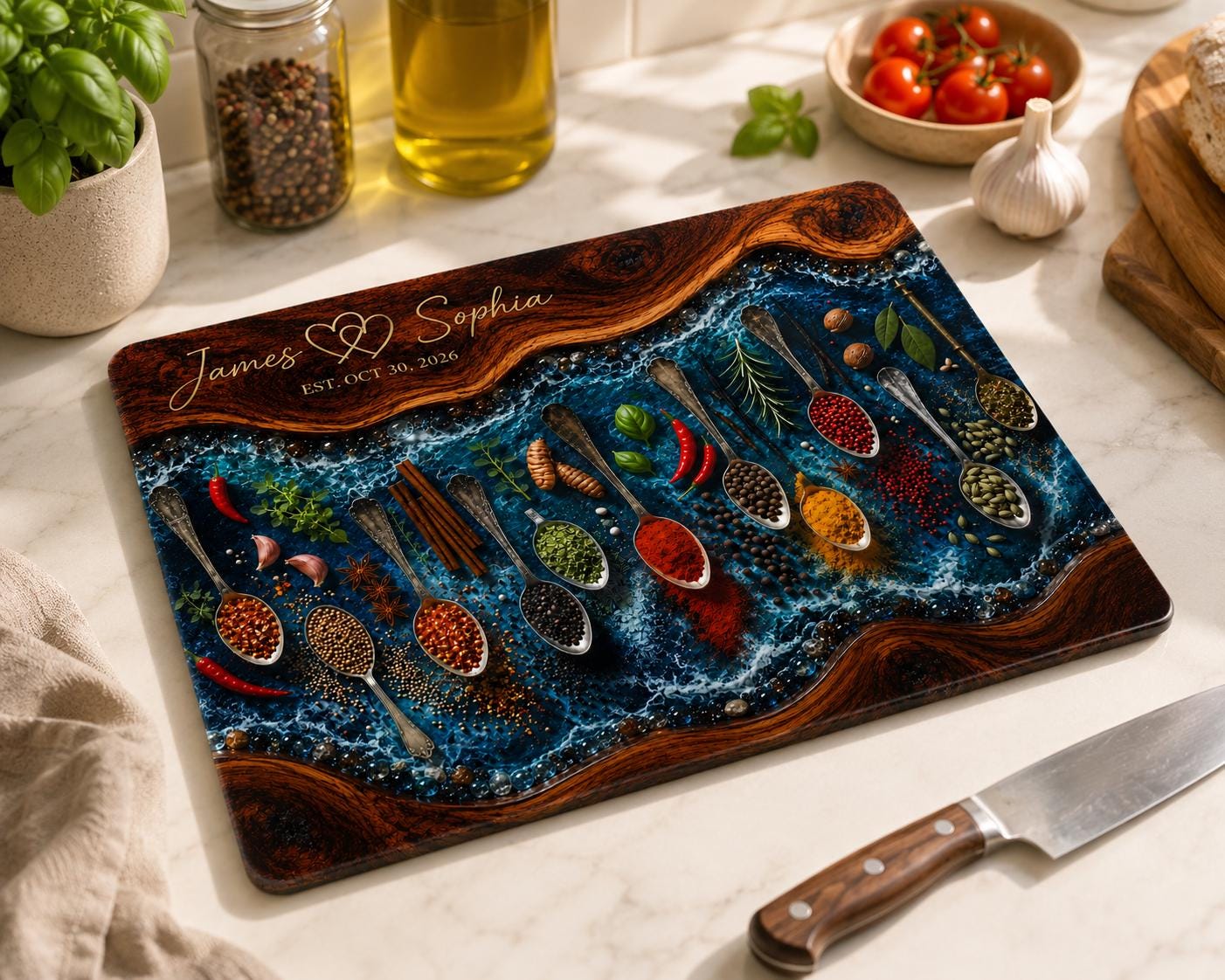 Personalised Epoxy Resin Glass Cutting Board | Spice Kitchen Decor | Custom Wedding, Anniversary & Housewarming Gift
