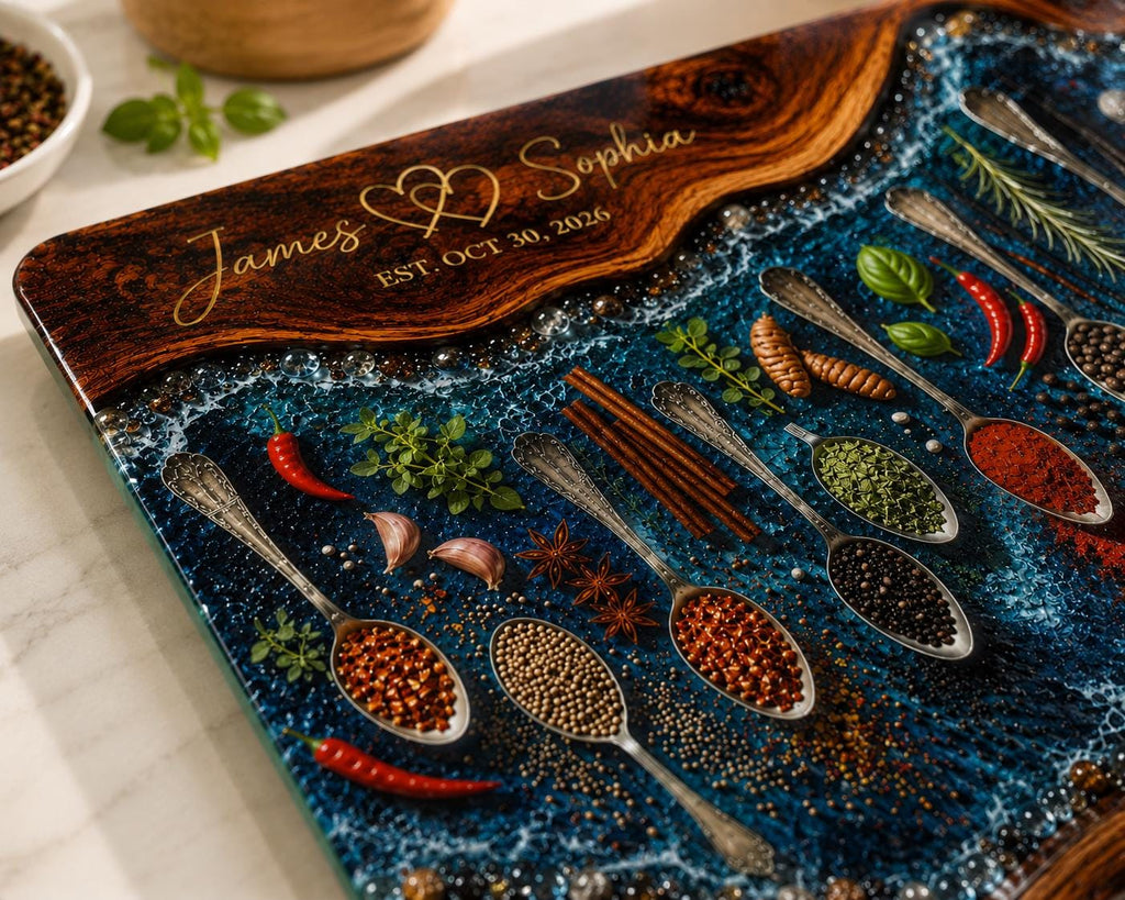 Personalised Epoxy Resin Glass Cutting Board | Spice Kitchen Decor | Custom Wedding, Anniversary & Housewarming Gift