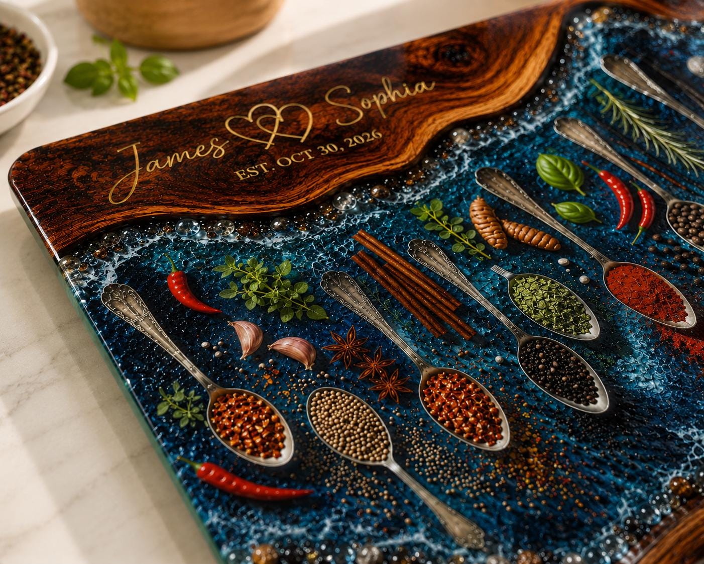 Personalised Epoxy Resin Glass Cutting Board | Spice Kitchen Decor | Custom Wedding, Anniversary & Housewarming Gift