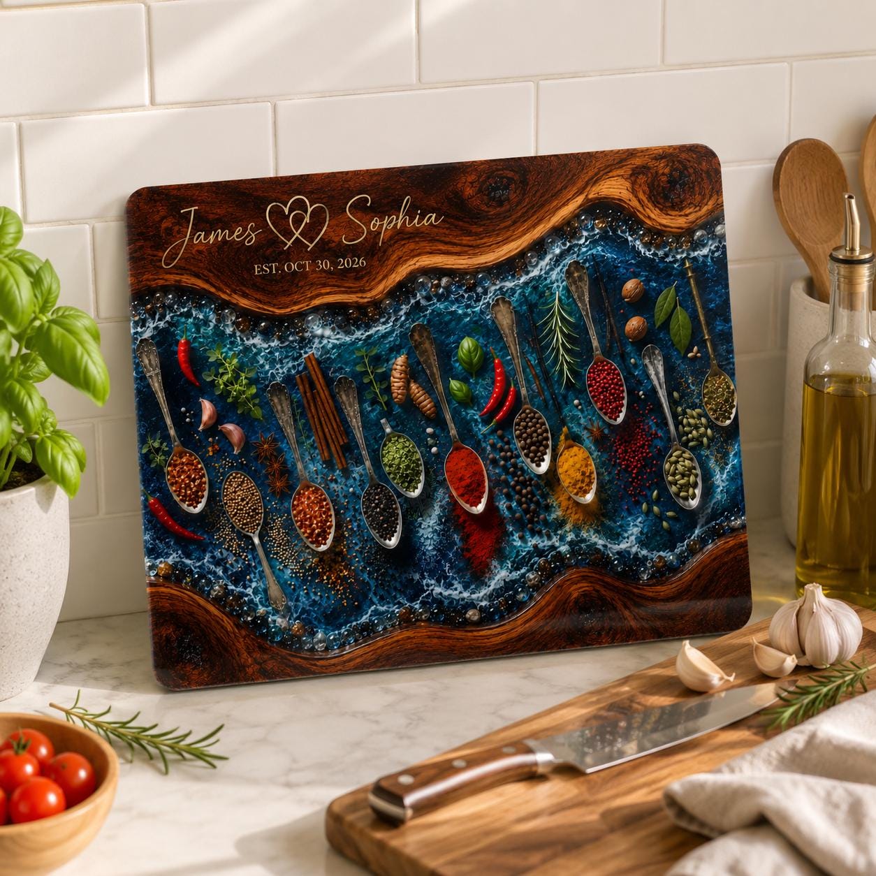 Personalised Epoxy Resin Glass Cutting Board | Spice Kitchen Decor | Custom Wedding, Anniversary & Housewarming Gift